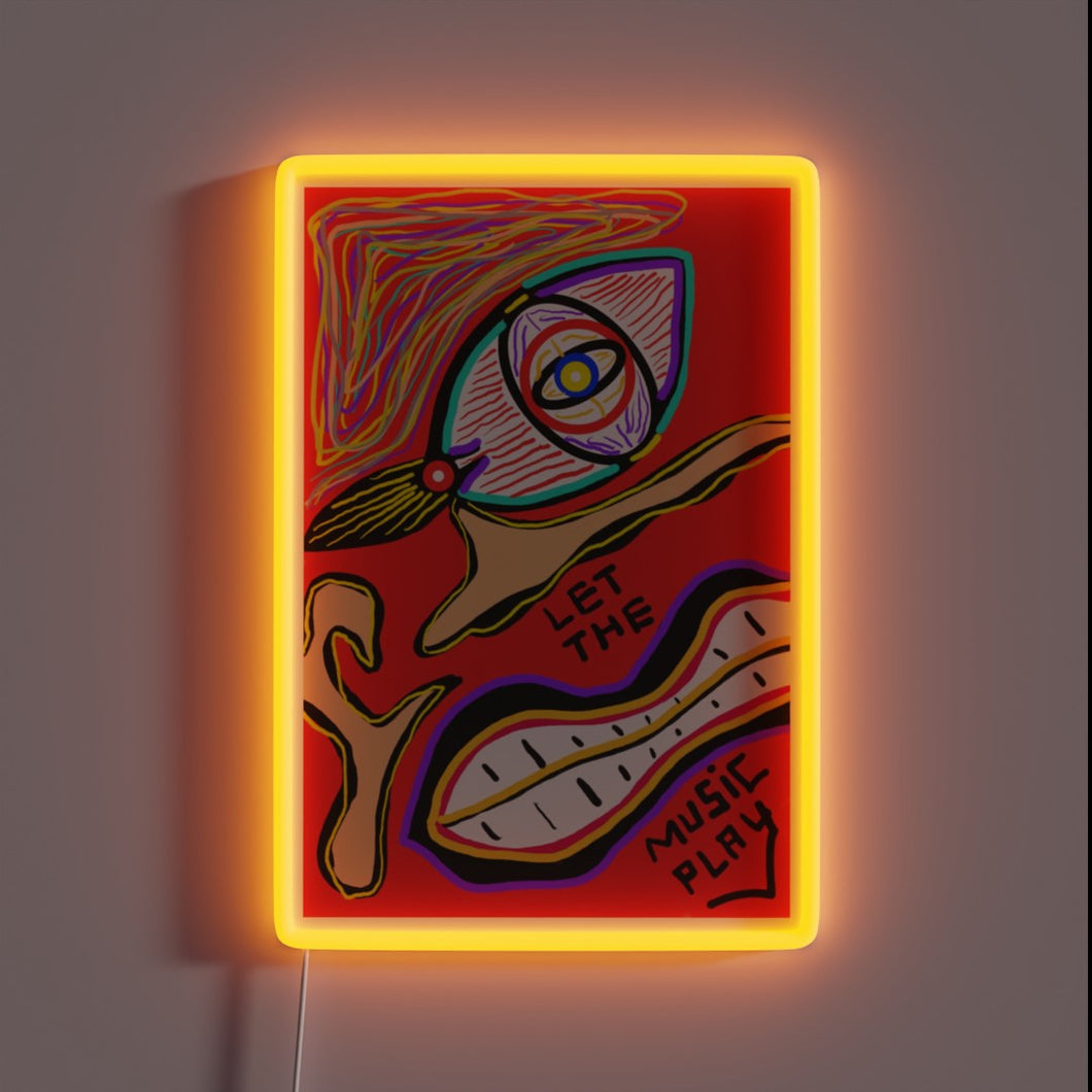 Vibrant RGB neon sign with musical notes and flowing melodies