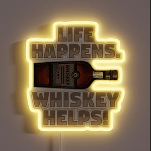 Whimsical neon bar decor with humorous whiskey drinking sentiment.