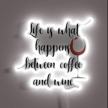 Load image into Gallery viewer, Handwritten script neon sign celebrating life&#39;s moments between coffee &amp; wine