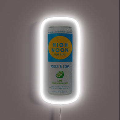 Glowing customneon sign in the shape of a High Noon Sun Sips vodka & soda can