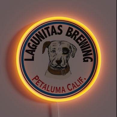 This neon sign showcases the iconic Lagunitas Brewing logo featuring its trademark dog illustration, proudly representing Petaluma, California — a must-have for fans of craft beer and West Coast brews.