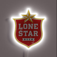 Load image into Gallery viewer, Lone Star Beer neon sign with vintage red shield and white glow.