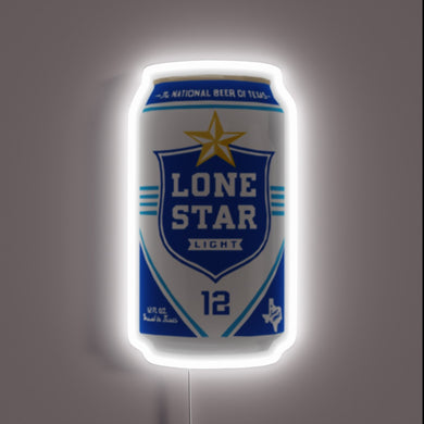 Neon sign of a Lone Star Light beer can with a white glow.
