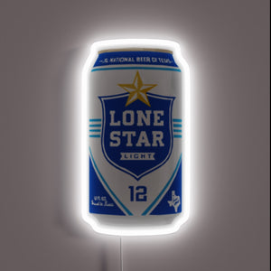 Neon sign of a Lone Star Light beer can with a white glow.
