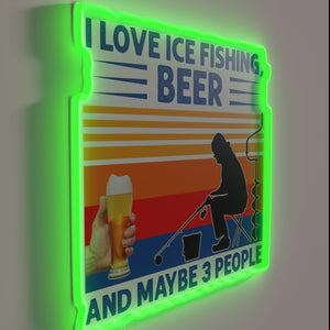 Neon wall art symbolizing love for ice fishing and beer enthusiasts.