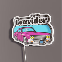 Load image into Gallery viewer, Lowrider Chevy Impala RGB neon sign, side view with lights off showing acrylic backing and LED tube