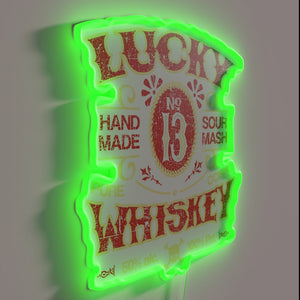 Vintage inspired lucky whiskey bar decor with nostalgic neon glow