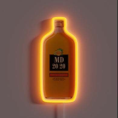 Neon sign of an MD 20/20 Orange Jubilee bottle with a glowing orange outline.
