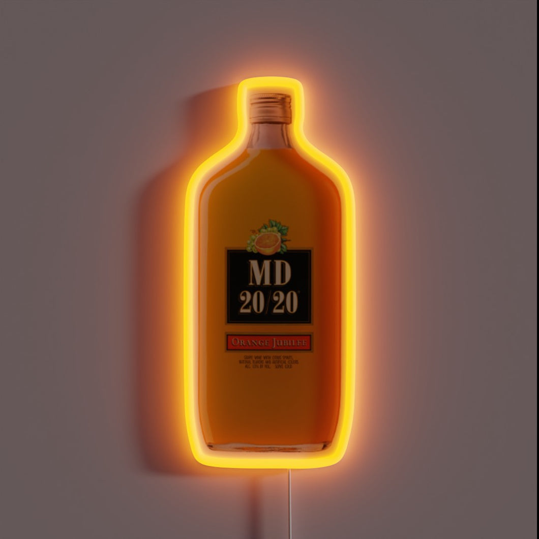 Neon sign of an MD 20/20 Orange Jubilee bottle with a glowing orange outline.
