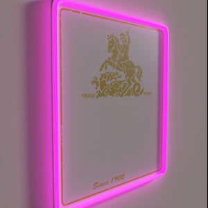 Colorful Mann's Brown Ale logo illuminated in vibrant RGB neon.