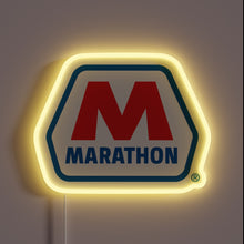 Load image into Gallery viewer, Customneon sign featuring the Marathon Oil logo with a bold red “M” above blue “MARATHON” text, outlined by a geometric yellow neon glow
