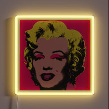 Load image into Gallery viewer, Pop art-style customneon sign of Marilyn Monroe with vibrant yellow hair, pink eye shadow, and red background, framed by a glowing yellow neon square