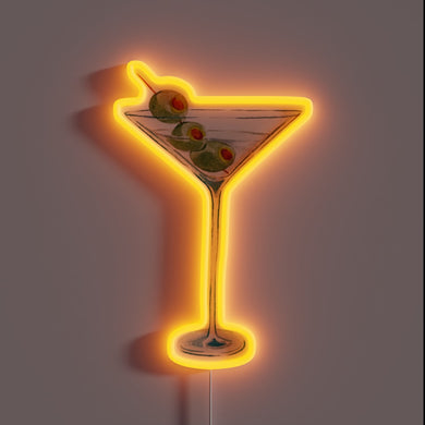 Vibrant bar decor neon sign featuring martini glass and olives.