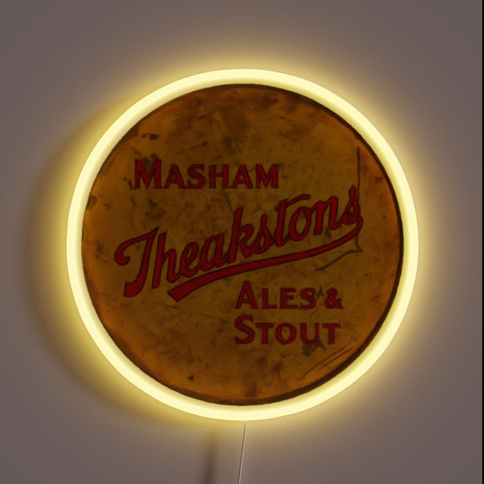 Vibrant neon sign featuring iconic Masham Theakstons brewery logo in triangles.