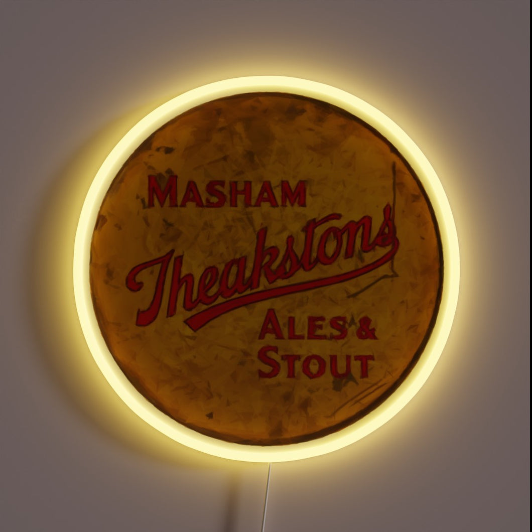 Vibrant neon sign featuring iconic Masham Theakstons brewery logo in triangles.
