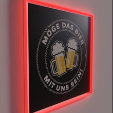 Load image into Gallery viewer, Neon bar decor featuring &quot;May the Beer Be With Us&quot; sign.