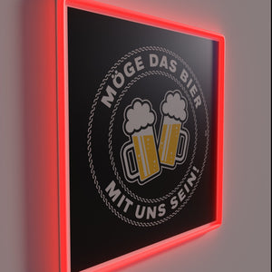 Neon bar decor featuring "May the Beer Be With Us" sign.