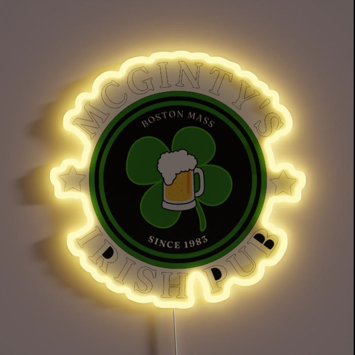 Vibrant Irish-themed bar decor with colorful McGinty's logo accents