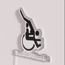 Load image into Gallery viewer, Vibrant Neon Sign Featuring Humorous Wheelchair Meal Delivery Design