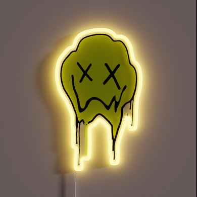 Neon sign of a green melting face with X eyes and a frown.
