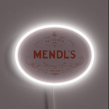Load image into Gallery viewer, Mendl’s Patisserie neon sign in vintage oval design with glowing white border.