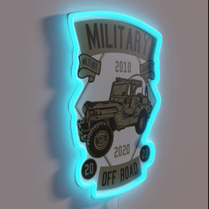 Neon sign with military and off-road theme in vibrant colors.