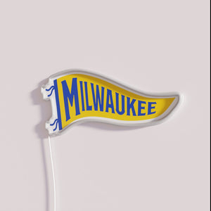 Vintage-inspired Milwaukee pennant blue lit LED neon bar pub decor