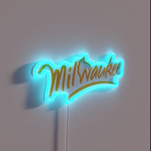 Load image into Gallery viewer, Vintage handwritten &#39;Milwaukee Wisconsin&#39; neon sign with colorful RGB accents