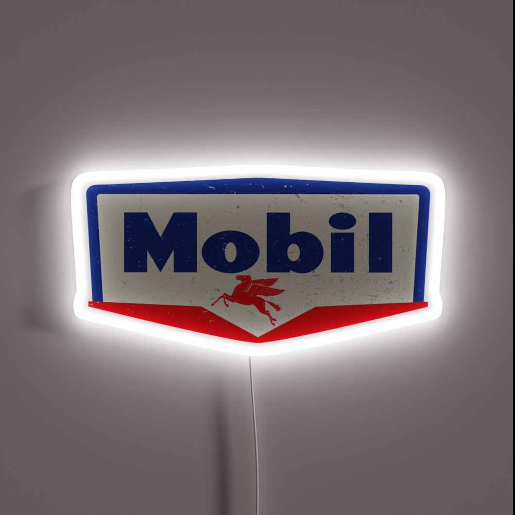 Custommirror LED neon sign featuring a vintage Mobil logo