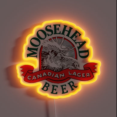 Moosehead Beer neon sign with moose illustration and glowing orange border.
