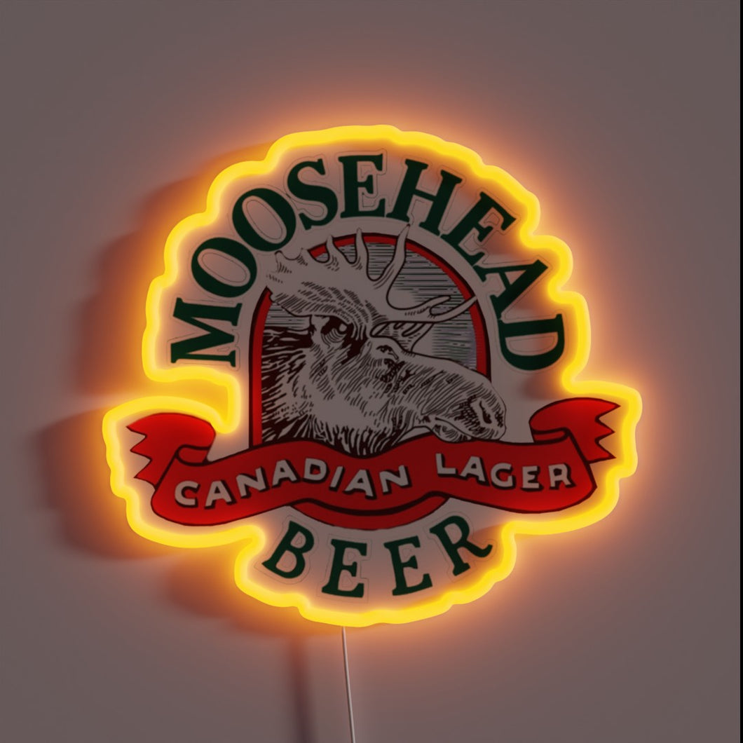 Moosehead Beer neon sign with moose illustration and glowing orange border.
