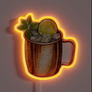 Colorful neon sign featuring Moscow Mule cocktail sketch design.