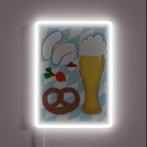 Munich-Style White Sausage Breakfast Sign with Vibrant Neon Restaurant Decor