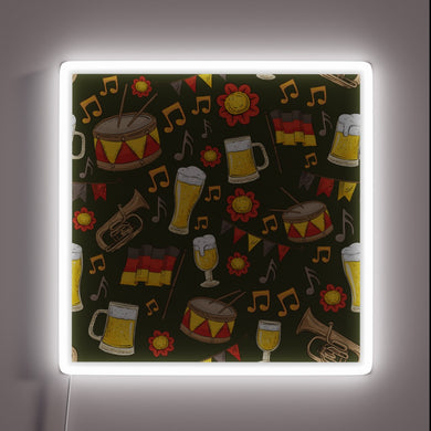 Vintage-inspired neon signs featuring festive music and beer graphics.