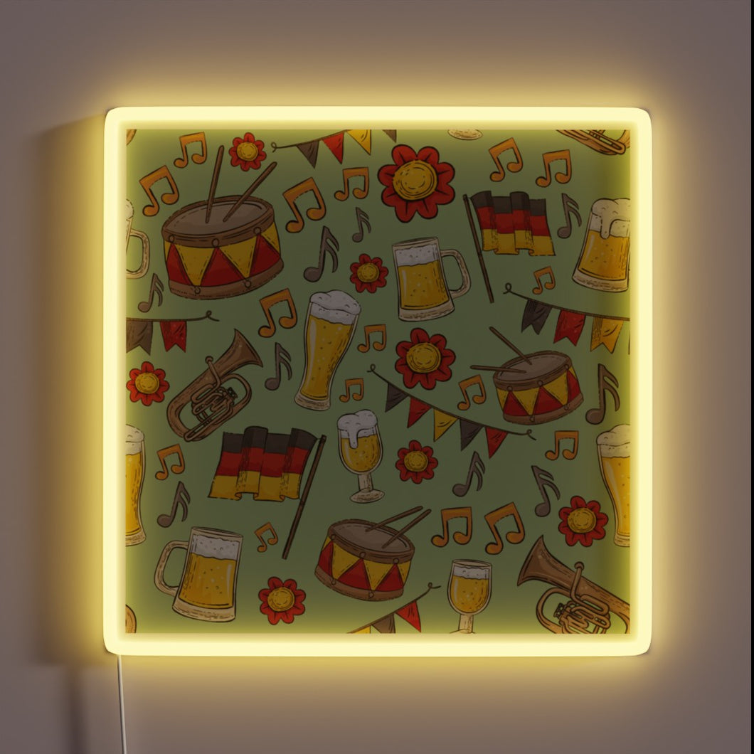 Vibrant Neon Sign Featuring Beer and Music Oktoberfest Design Inspiration.