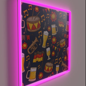 Vibrant Oktoberfest-themed neon light decor with music and beer design.