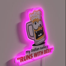 Load image into Gallery viewer, Vibrant &#39;Runs with Beer&#39; personalized neon sign for Native American decor.