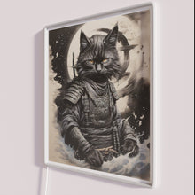 Load image into Gallery viewer, Vibrant Neon Sign Art Featuring Mysterious Samurai Warrior Black Cat