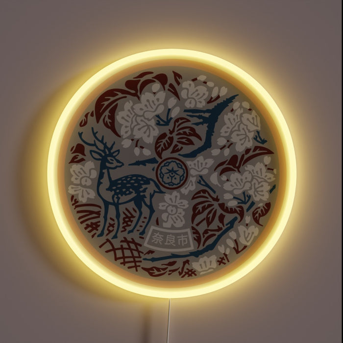 Neon-lit Nara inspired manhole cover with vibrant rustic color accents