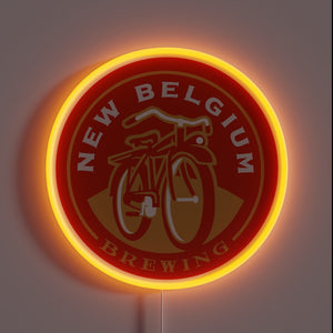 New Belgium Brewing neon sign with bicycle logo – vibrant craft beer wall decor for bars, breweries, or home pubs
