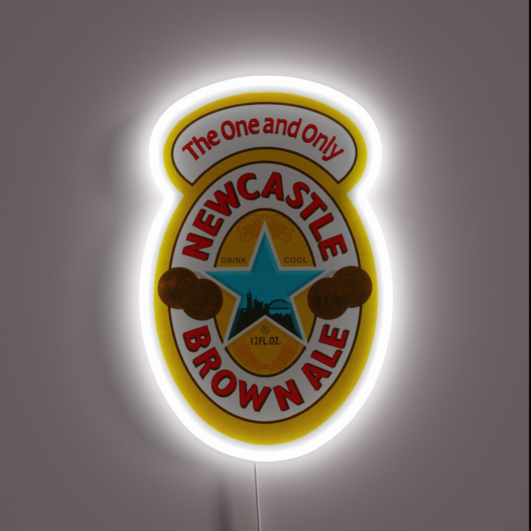 Neon Sign Featuring Iconic Newcastle Brown Ale Branding and Logo