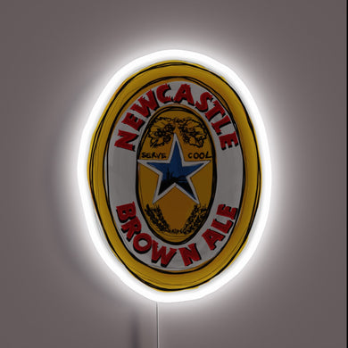 Vibrant Pop Art Neon Sign Depicting Newcastle Brown Ale Iconic Logo