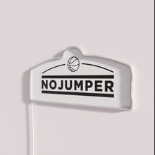 Load image into Gallery viewer, Vibrant No Jumper logo in full color RGB neon lighting.