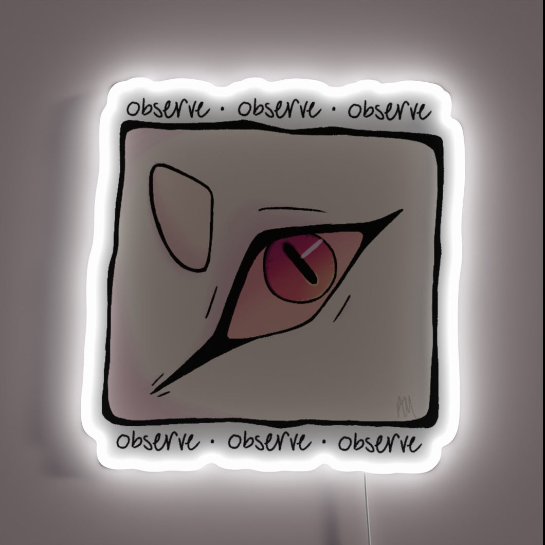 Neon observer symbol illuminating a futuristic and minimalist aesthetic.
