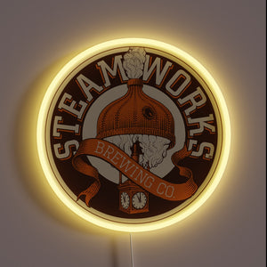 Neon illuminated brewery logo and steam engine design with RGB lights