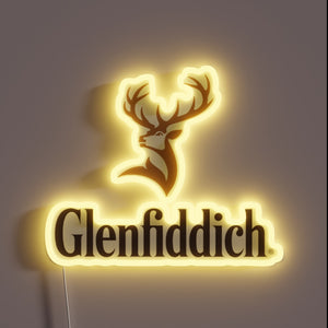 Vintage-inspired Glenfiddich logo in vibrant RGB neon illuminated signage.