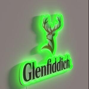 Authentic Glenfiddich whiskey brand merchandise featuring RGB neon bar decor.