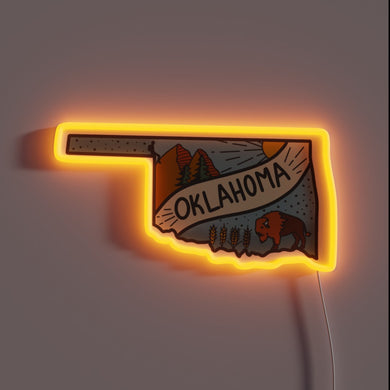 Oklahoma-shaped neon sign with nature scene, bison, and wheat illustration.