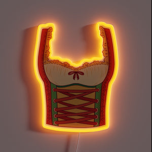 Traditional German-inspired dirndl costume with vibrant neon accents and humor.