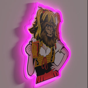 Colorful Oktoberfest beer themed neon sign with girl Bigfoot design.